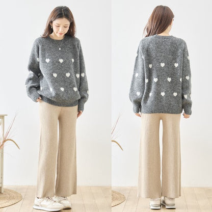 トップス ニット プルオーバー ハート柄 ゆったり 体型カバー 秋 冬 M L