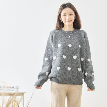 トップス ニット プルオーバー ハート柄 ゆったり 体型カバー 秋 冬 M L