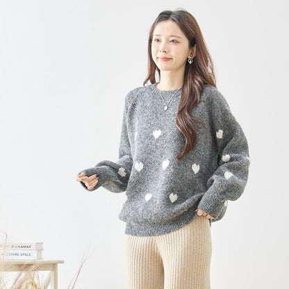 トップス ニット プルオーバー ハート柄 ゆったり 体型カバー 秋 冬 M L