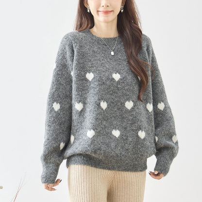 トップス ニット プルオーバー ハート柄 ゆったり 体型カバー 秋 冬 M L