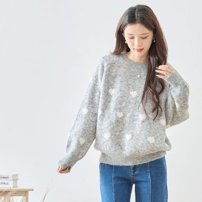トップス ニット プルオーバー ハート柄 ゆったり 体型カバー 秋 冬 M L