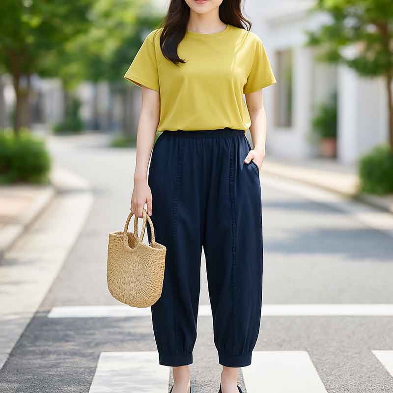 【M〜L】タック＆フリルワイドパンツ（ネイビー/ベージュ）｜インド綿×涼やかコクーンシルエット