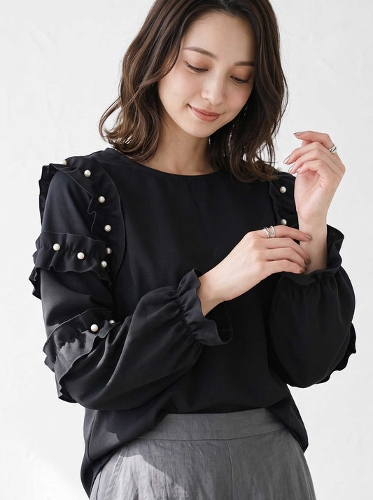 カットソー Tシャツ 袖フリル パール装飾 長袖 前後差 体型カバー 秋 冬 M L