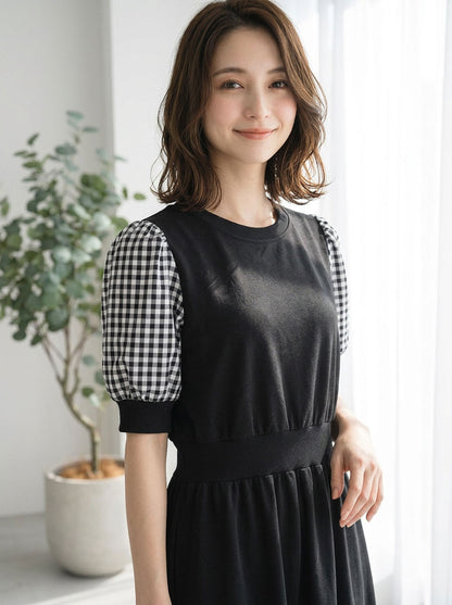 ギンガムチェック袖 ドッキングワンピース 裏毛 スウェット ウエストリブ 異素材 秋 春 ぽわん袖