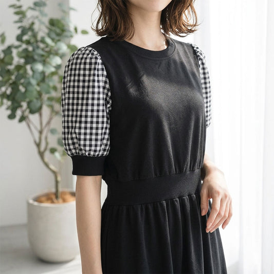 ギンガムチェック袖 ドッキングワンピース 裏毛 スウェット ウエストリブ 異素材 秋 春 ぽわん袖