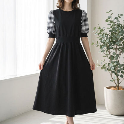 ギンガムチェック袖 ドッキングワンピース 裏毛 スウェット ウエストリブ 異素材 秋 春 ぽわん袖