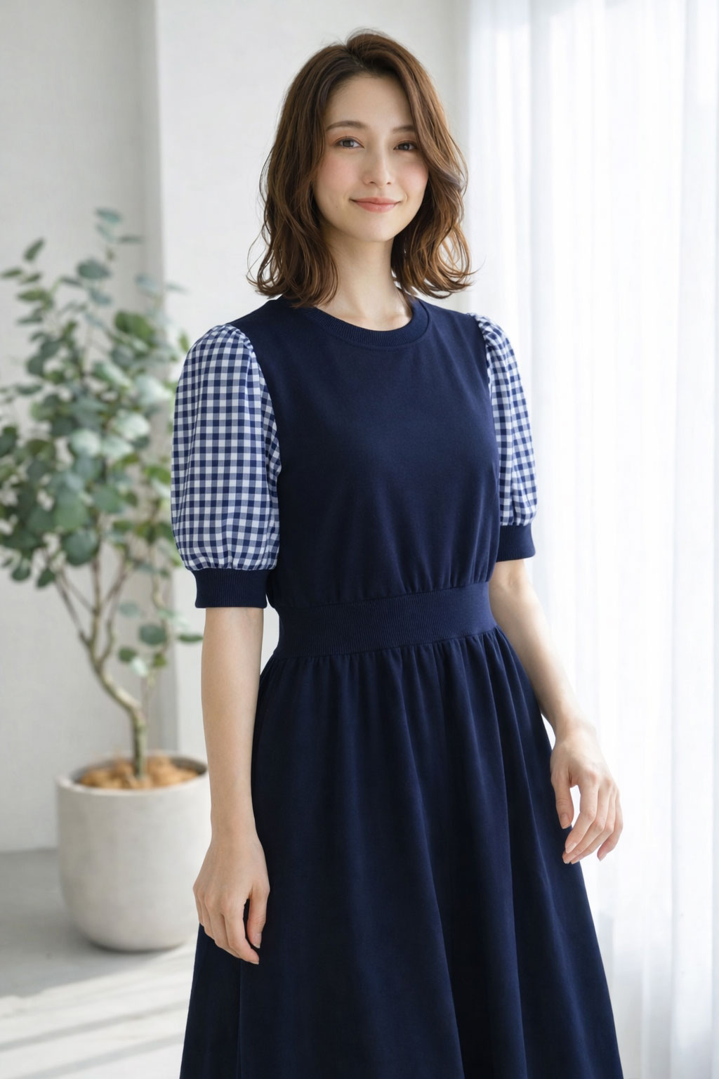 ギンガムチェック袖 ドッキングワンピース 裏毛 スウェット ウエストリブ 異素材 秋 春 ぽわん袖