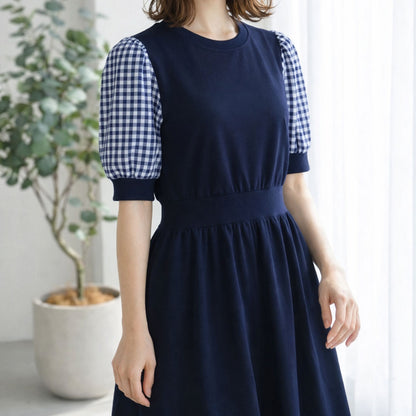 ギンガムチェック袖 ドッキングワンピース 裏毛 スウェット ウエストリブ 異素材 秋 春 ぽわん袖