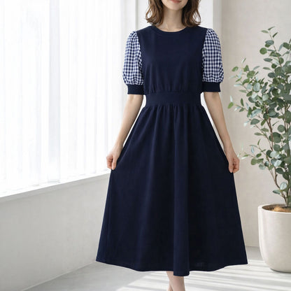 ギンガムチェック袖 ドッキングワンピース 裏毛 スウェット ウエストリブ 異素材 秋 春 ぽわん袖