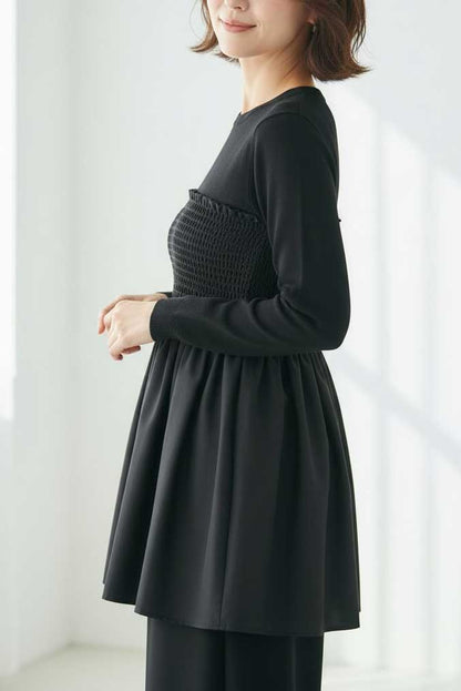 【M〜L】異素材切替 ギャザーニット｜ペプラム風シルエット・体型カバー・長袖トップス・chouchou 201797