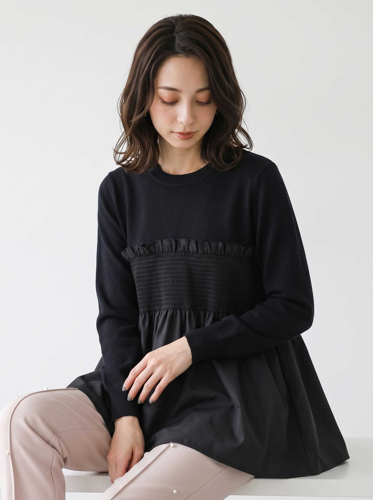 ニット プルオーバー 異素材 切替 ペプラム ギャザー ゆったり 体型カバー 秋 冬 M L