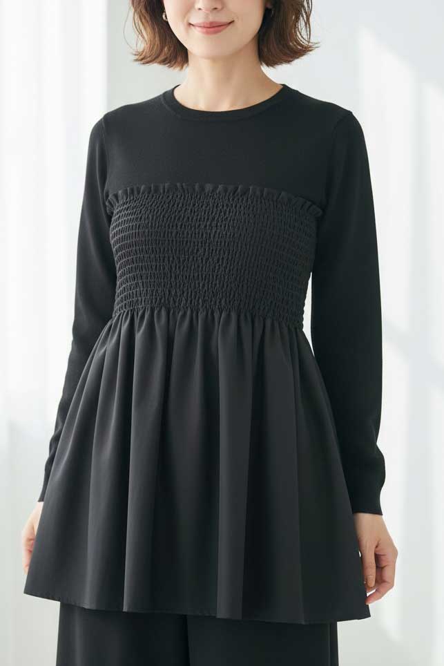 【M〜L】異素材切替 ギャザーニット｜ペプラム風シルエット・体型カバー・長袖トップス・chouchou 201797