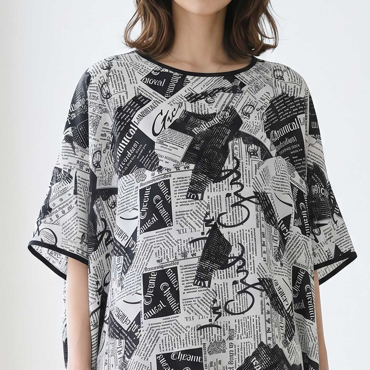 モダン ペーパー柄 サテンパイピング BIG Tシャツ 半袖 五分袖 体型カバー