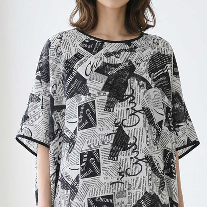 モダン ペーパー柄 サテンパイピング BIG Tシャツ 半袖 五分袖 体型カバー