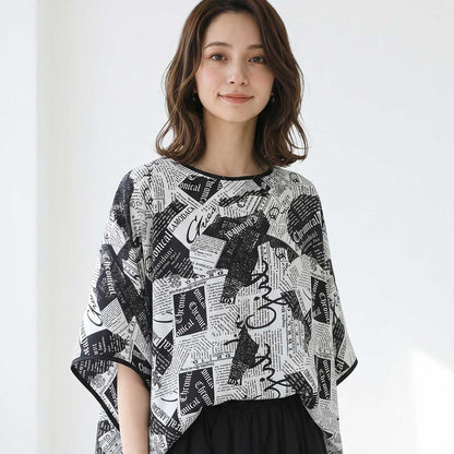 モダン ペーパー柄 サテンパイピング BIG Tシャツ 半袖 五分袖 体型カバー