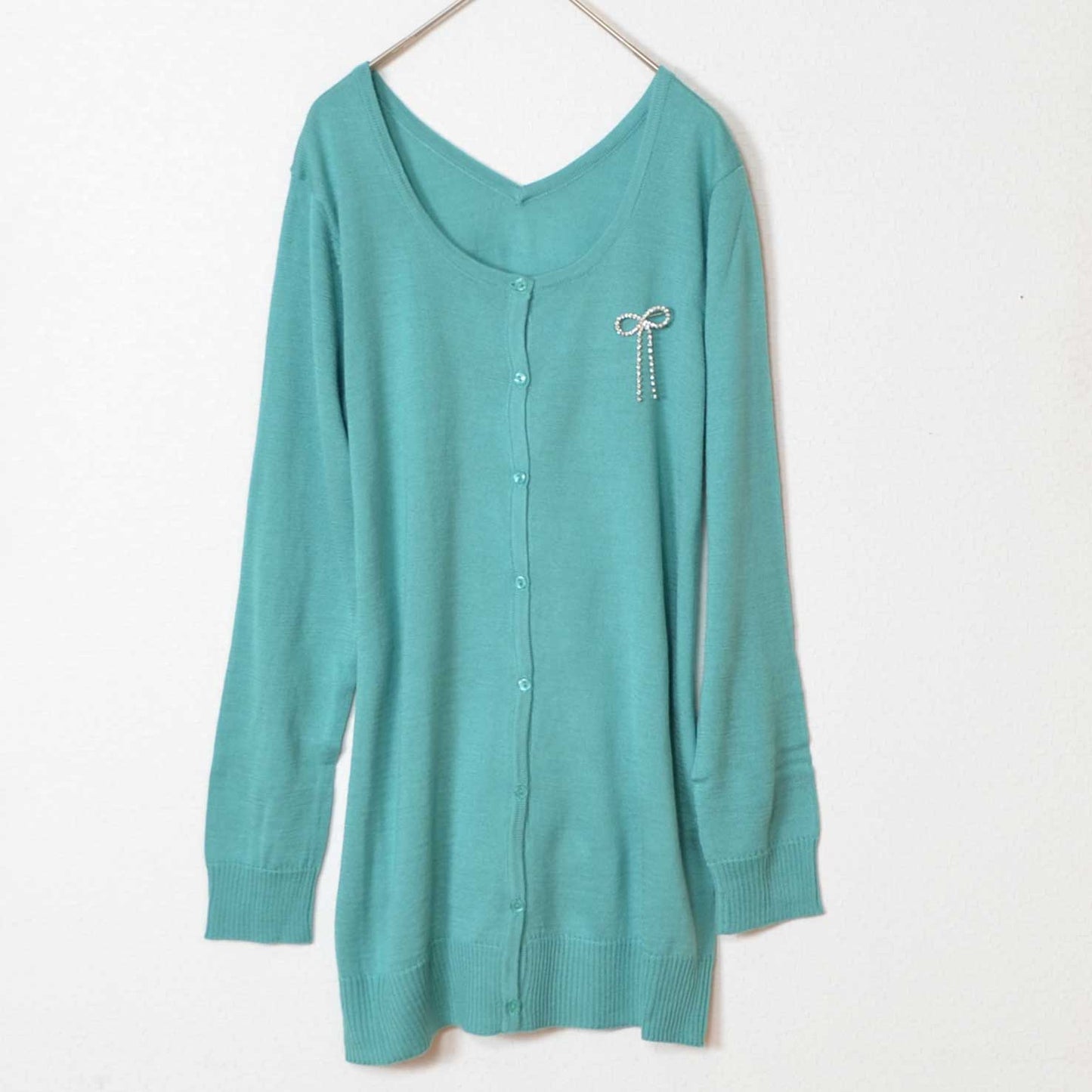 【SALE】リボン ブローチ付 ロング カーディガン ゆったり 体型カバー 羽織り 秋 冬 M