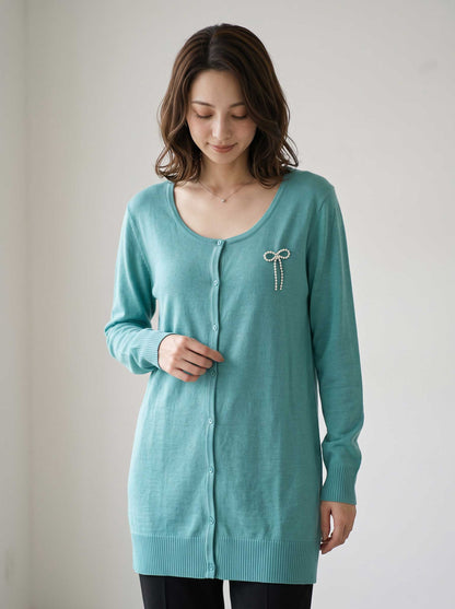 【SALE】リボン ブローチ付 ロング カーディガン ゆったり 体型カバー 羽織り 秋 冬 M