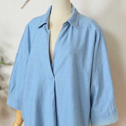 【M〜3L】綿100% 涼感デニム スキッパーブラウス 7分袖 チュニック ヴィンテージ加工 体型カバー