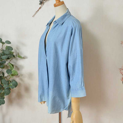 【M〜3L】綿100% 涼感デニム スキッパーブラウス 7分袖 チュニック ヴィンテージ加工 体型カバー