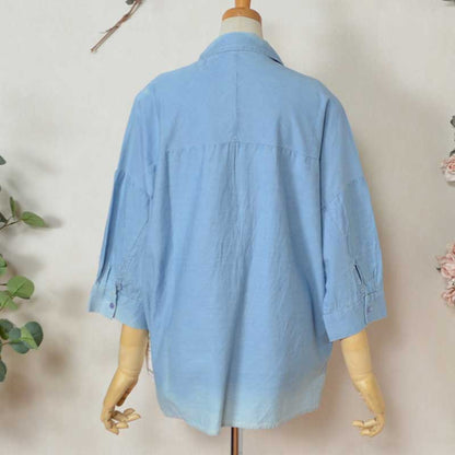 【M〜3L】綿100% 涼感デニム スキッパーブラウス 7分袖 チュニック ヴィンテージ加工 体型カバー