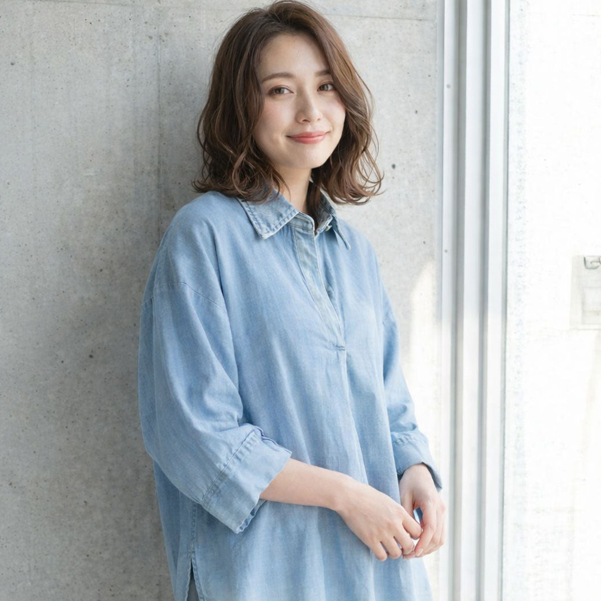 【M〜3L】綿100% 涼感デニム スキッパーブラウス 7分袖 チュニック ヴィンテージ加工 体型カバー