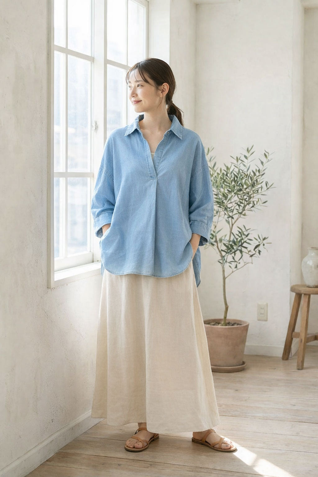 【M〜3L】綿100% 涼感デニム スキッパーブラウス 7分袖 チュニック ヴィンテージ加工 体型カバー