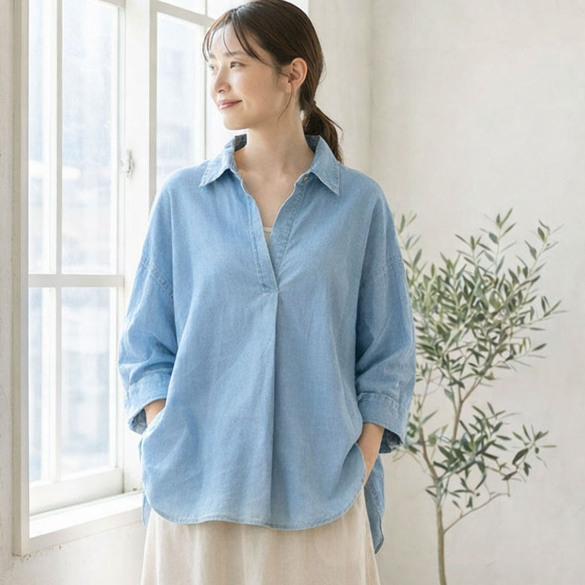 【M〜3L】綿100% 涼感デニム スキッパーブラウス 7分袖 チュニック ヴィンテージ加工 体型カバー