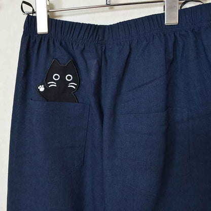 【M～L/L～LL】猫ワッペン付きワイドパンツ｜後ろ姿もキュートな大人カジュアル（31310）