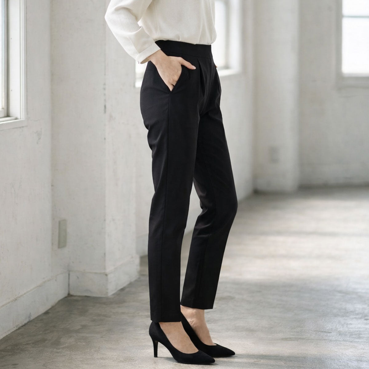 タック入り ハイテンションパンツ スーパーストレッチ ウエストゴム 美脚 テーパード