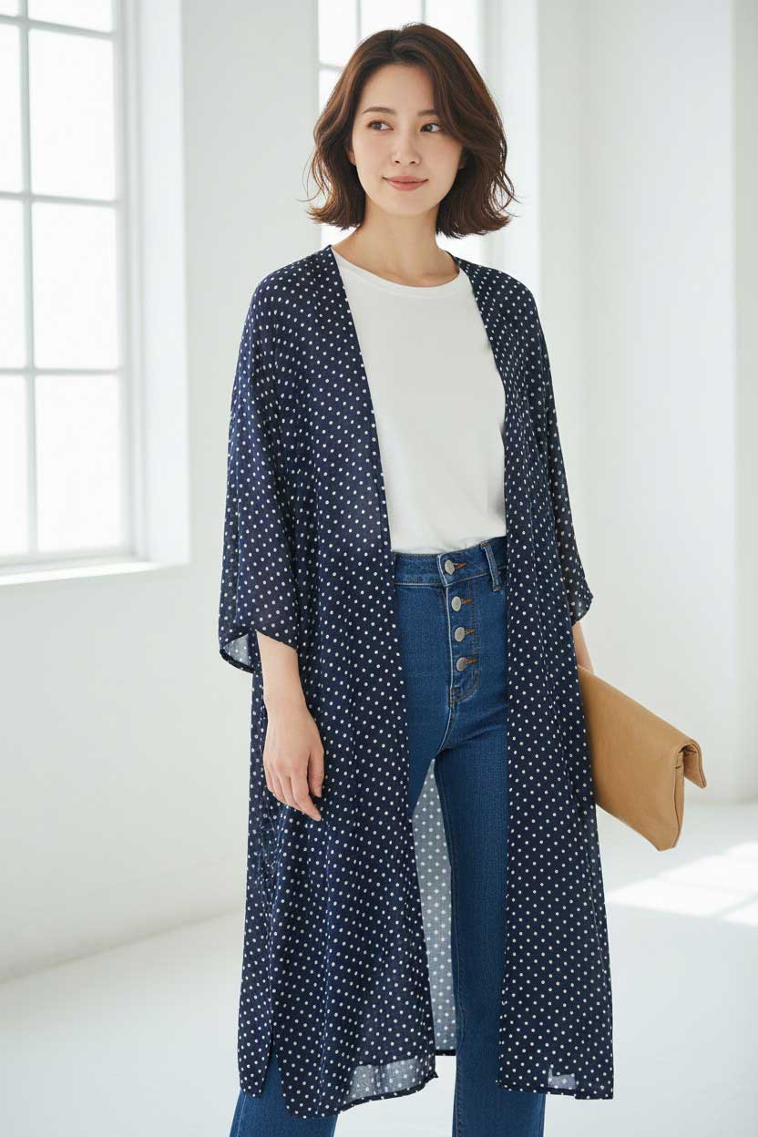 ドット シフォン トッパー カーディガン ロング丈 透け感 羽織り フリー
