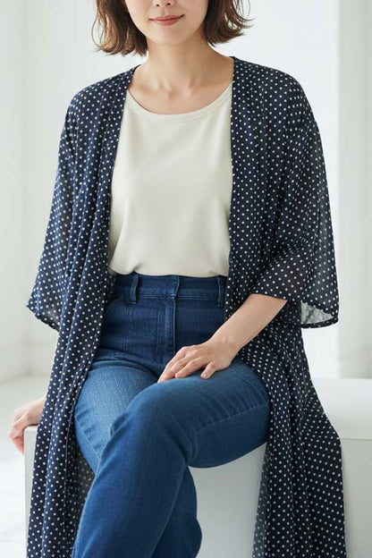 ドット シフォン トッパー カーディガン ロング丈 透け感 羽織り フリー