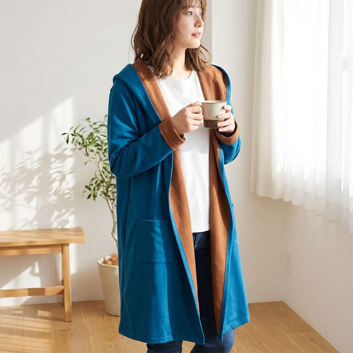 【フリー】ダブルフェイスフードコーディガン 大人可愛い配色差し色 体型カバー 抜け感