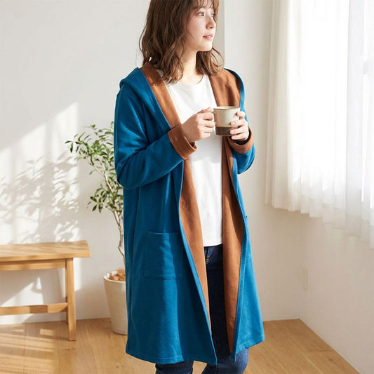 【フリー】ダブルフェイスフードコーディガン 大人可愛い配色差し色 体型カバー 抜け感