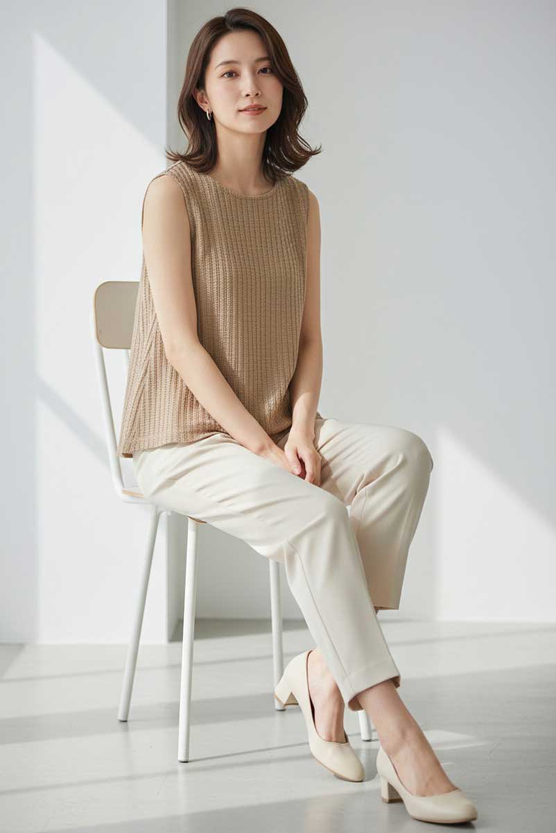 椅子に座るモデルのカット。リラックスした着心地と、カジュアルすぎないメッシュ素材の質感が魅力。