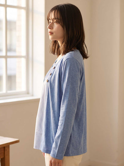 重ね着風 カットソー 長袖 フェイクレイヤード ゆったり 楽ちん 花ボタン 秋 M