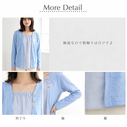 重ね着風 カットソー 長袖 フェイクレイヤード ゆったり 楽ちん 花ボタン 秋 M