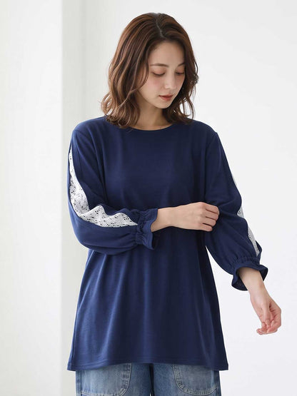 七分袖 レース スリーブ プルオーバー ジャカード ゆったり チュニック 秋 M