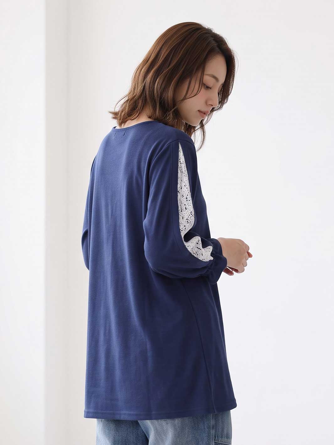 七分袖 レース スリーブ プルオーバー ジャカード ゆったり チュニック 秋 M
