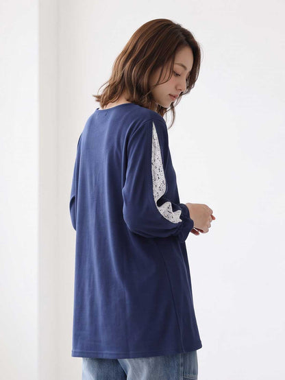 七分袖 レース スリーブ プルオーバー ジャカード ゆったり チュニック 秋 M