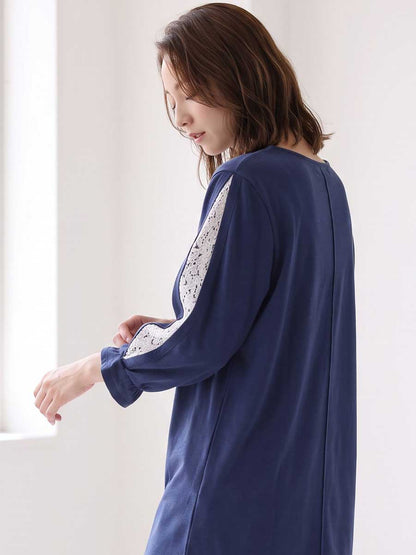 七分袖 レース スリーブ プルオーバー ジャカード ゆったり チュニック 秋 M