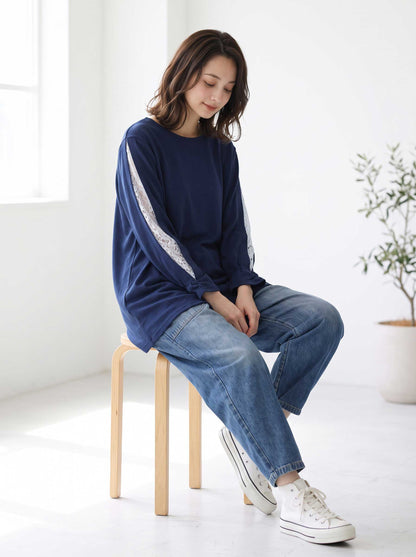 七分袖 レース スリーブ プルオーバー ジャカード ゆったり チュニック 秋 M
