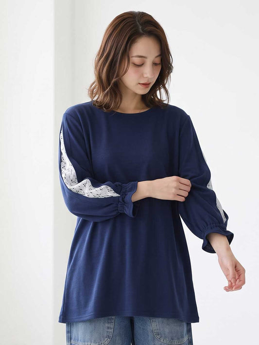 七分袖 レース スリーブ プルオーバー ジャカード ゆったり チュニック 秋 M