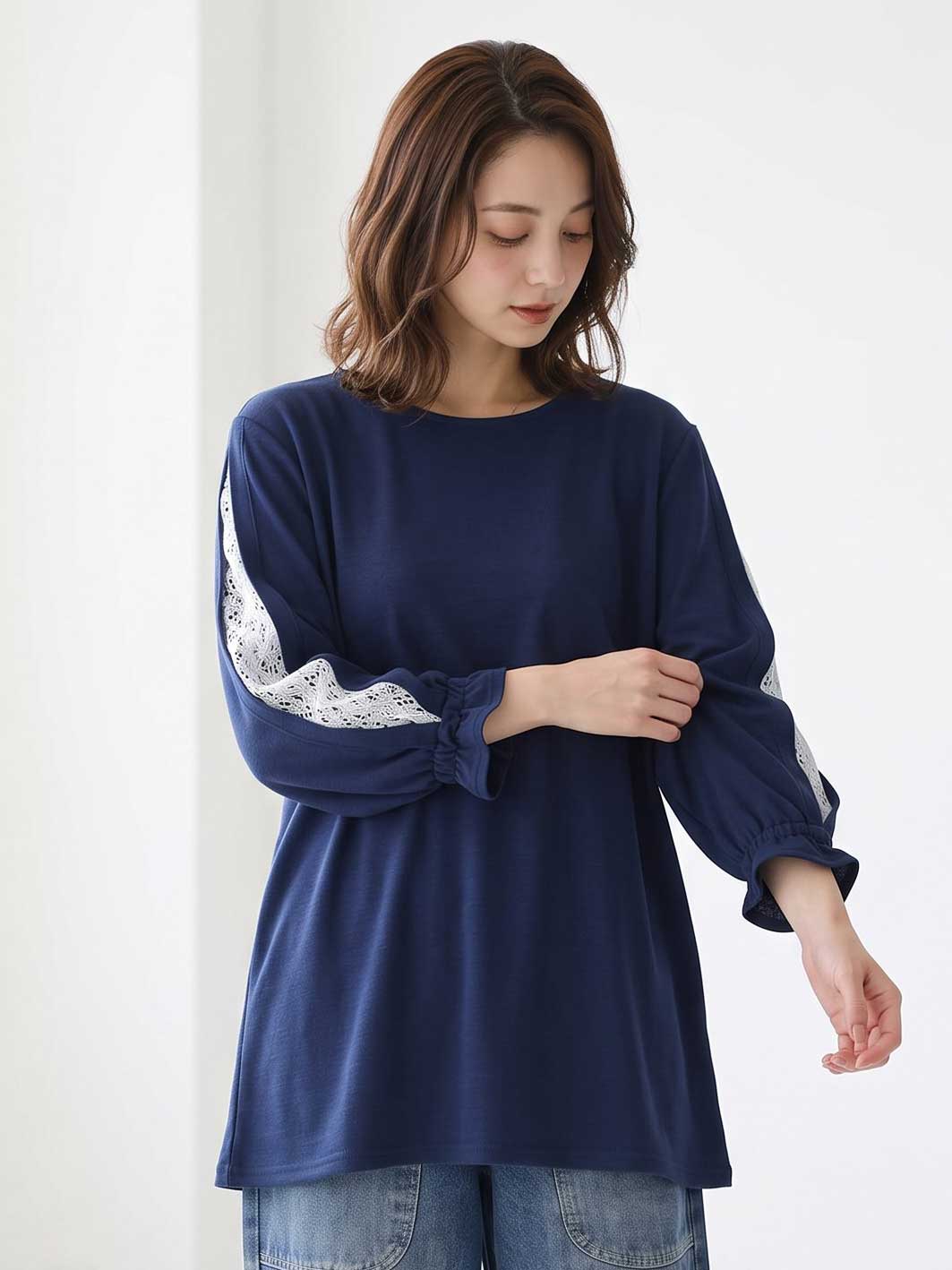 七分袖 レース スリーブ プルオーバー ジャカード ゆったり チュニック 秋 M