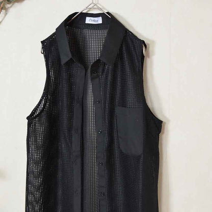 【M〜L】メッシュロングベスト 襟付き羽織りポケット付き 前開きロング丈 (N99-112)