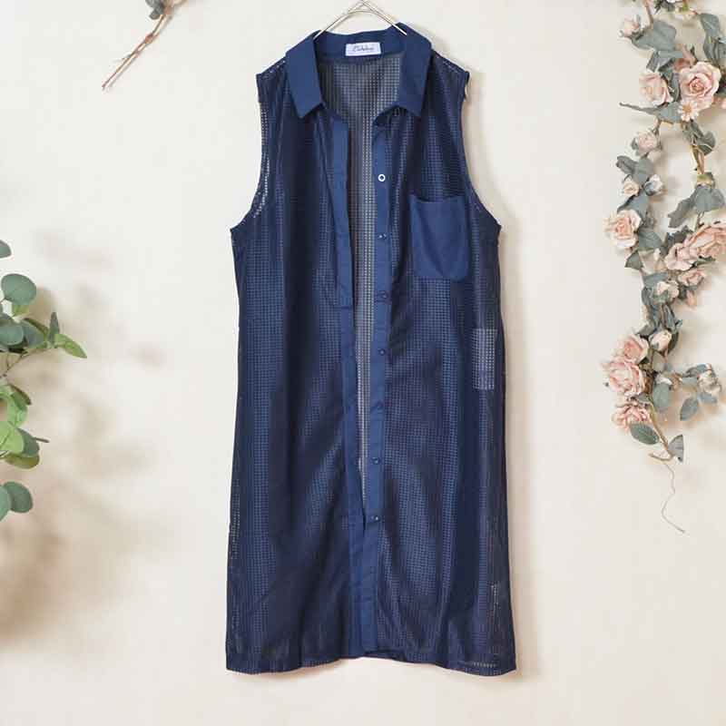 【M〜L】メッシュロングベスト 襟付き羽織りポケット付き 前開きロング丈 (N99-112)