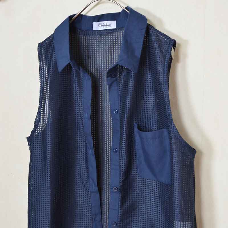 【M〜L】メッシュロングベスト 襟付き羽織りポケット付き 前開きロング丈 (N99-112)