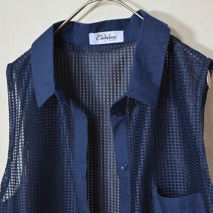 【M〜L】メッシュロングベスト 襟付き羽織りポケット付き 前開きロング丈 (N99-112)