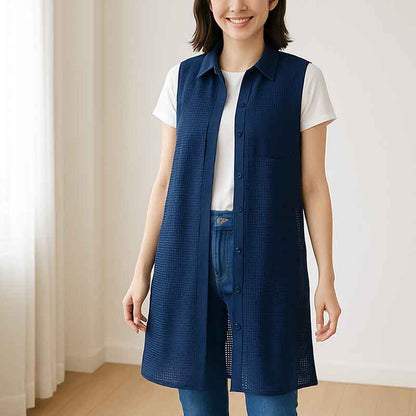 【M〜L】メッシュロングベスト 襟付き羽織りポケット付き 前開きロング丈 (N99-112)