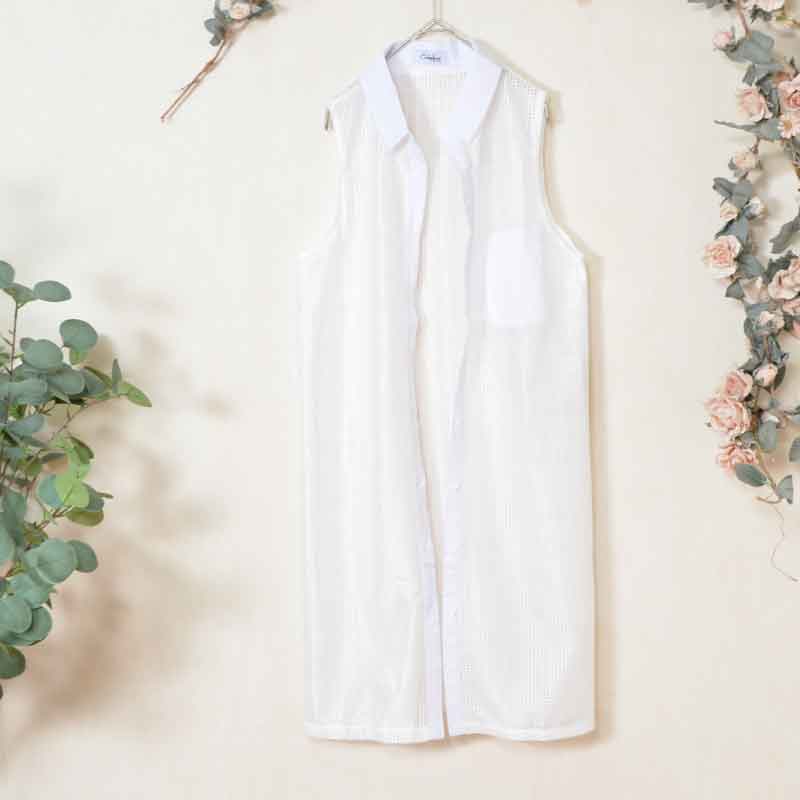 【M〜L】メッシュロングベスト 襟付き羽織りポケット付き 前開きロング丈 (N99-112)