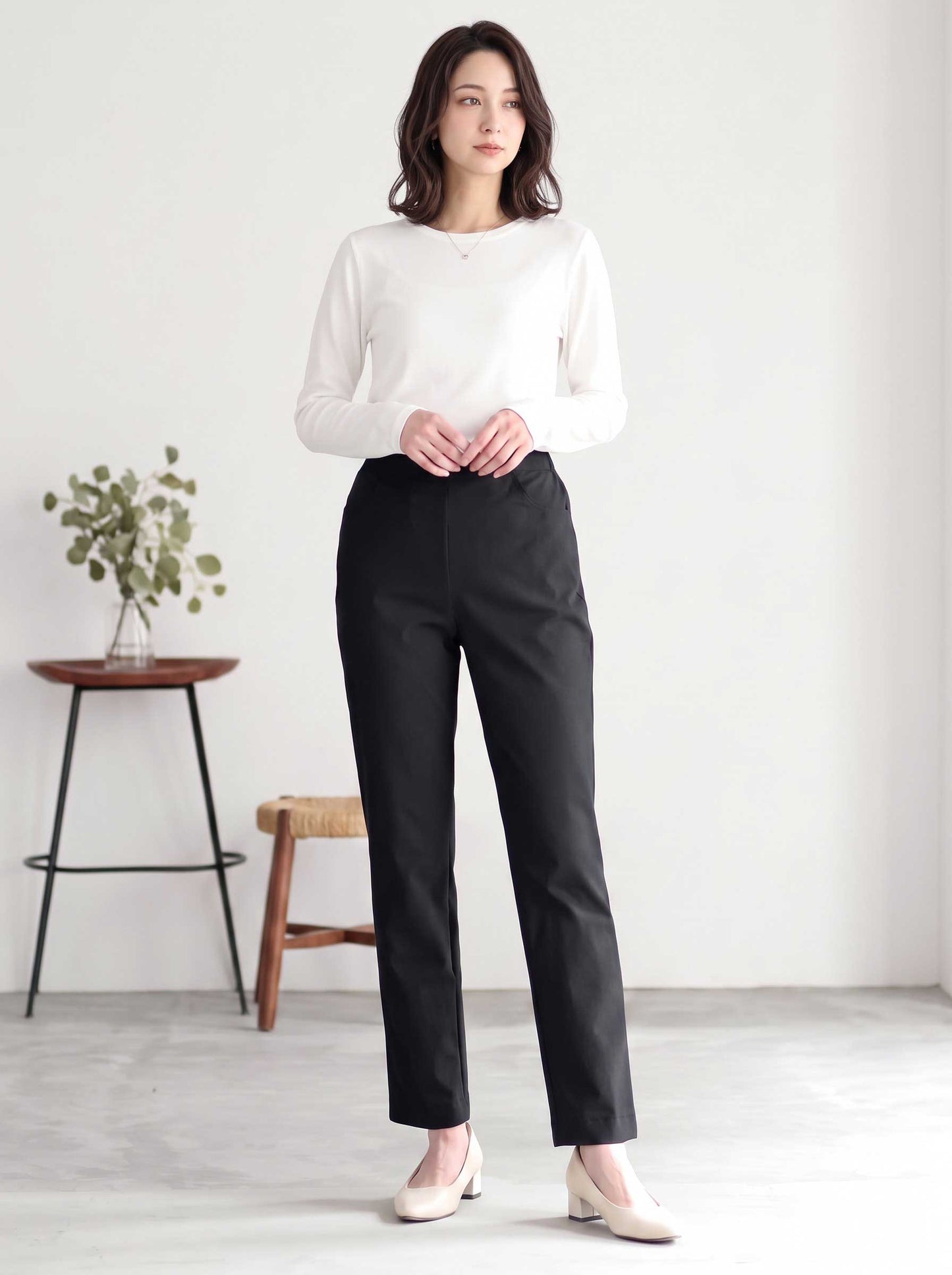 日本製 プレミアムストレッチ テーパード パンツ ポケット付 美脚 すっきり 秋冬 M L LL